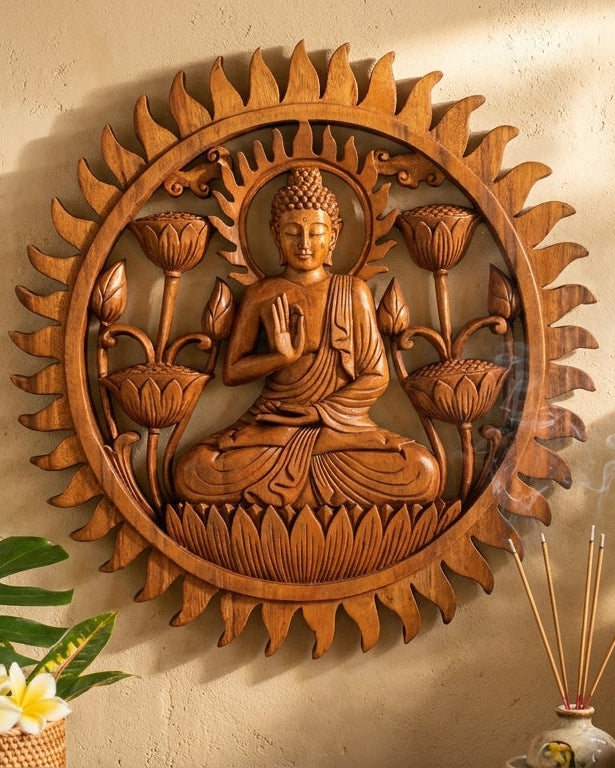 Panneau mural Bouddha et lotus 40 cm sculpté à la main en bois de Suar. Bouddha en Vitarka Mudra (enseignement), assis sur un lotus. Pièce unique artisanale indonésienne. 