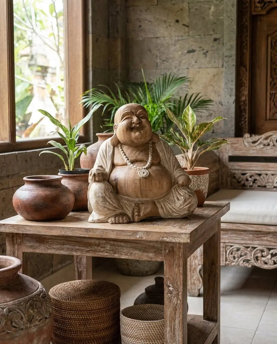 Statue Bouddha Rieur 40 cm en Bois de Suar – Finition Blanchie à la Chaux (Artisanat Bali)