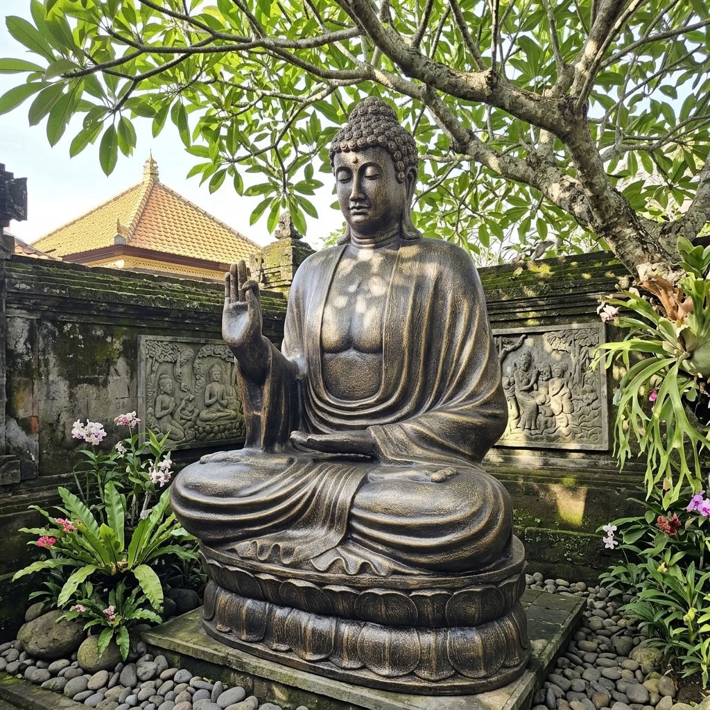 Kultainen jättiläismäinen Buddha-patsas 200 cm – opetusta antava Buddha lootuskukalla