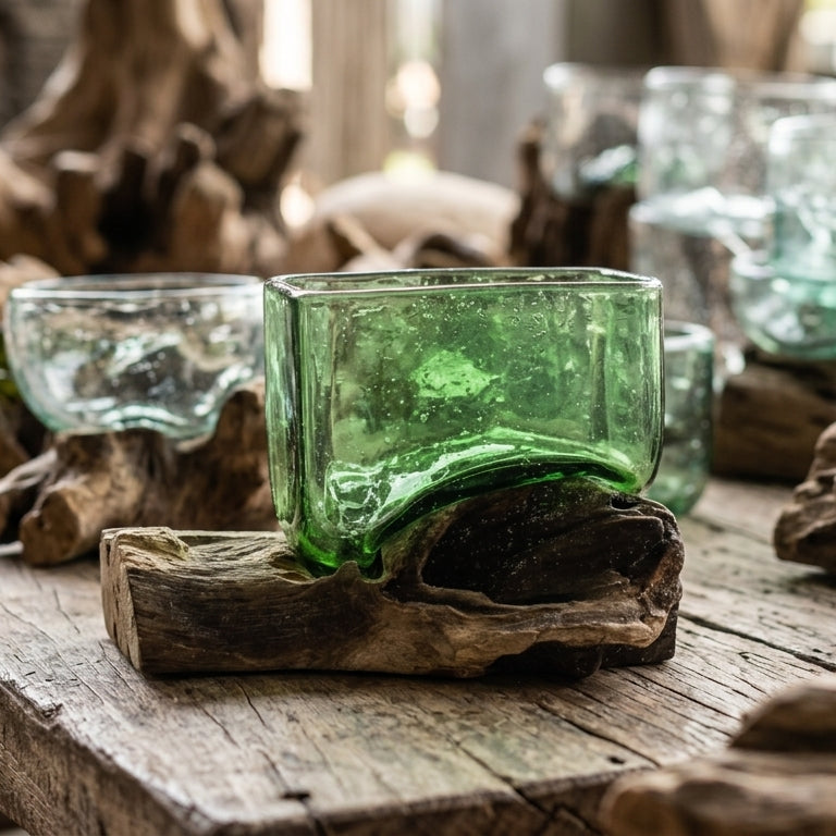 Bol carré en verre recyclé sur bois de Gamal – 250 ml