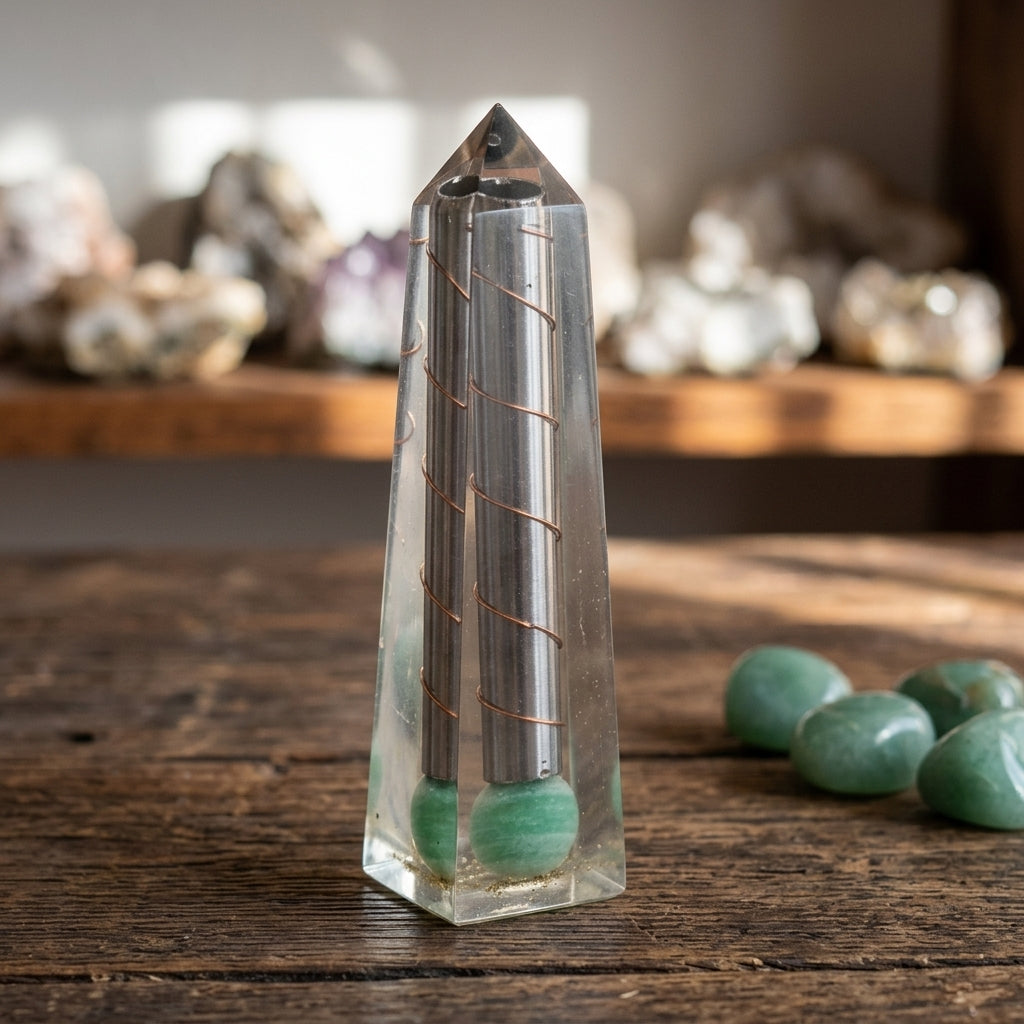 Obélisque en orgonite avec aventurine verte, cuivre et inclusions métalliques dans une résine transparente.