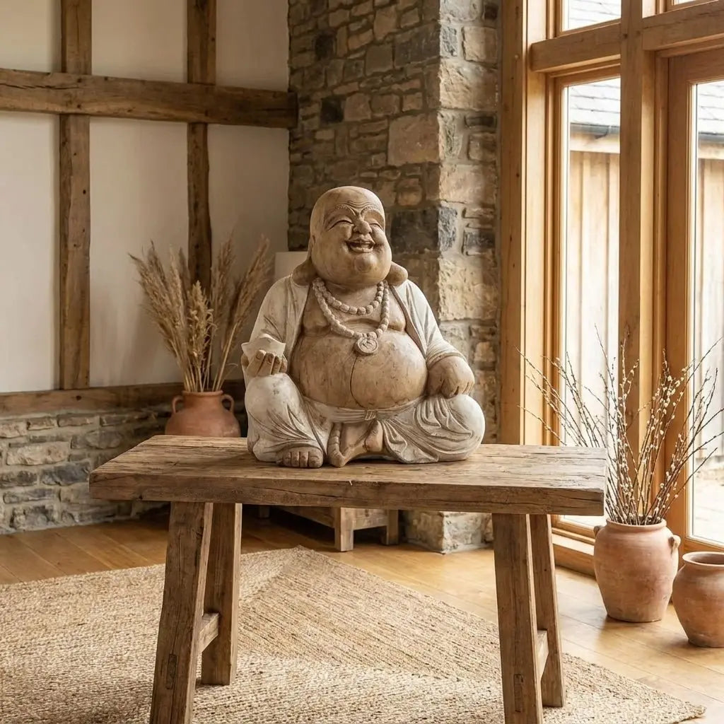 Statue de Bouddha Rieur Monumental en Bois de Suar - 50 cm - Artisanat Balinais - 18kg
