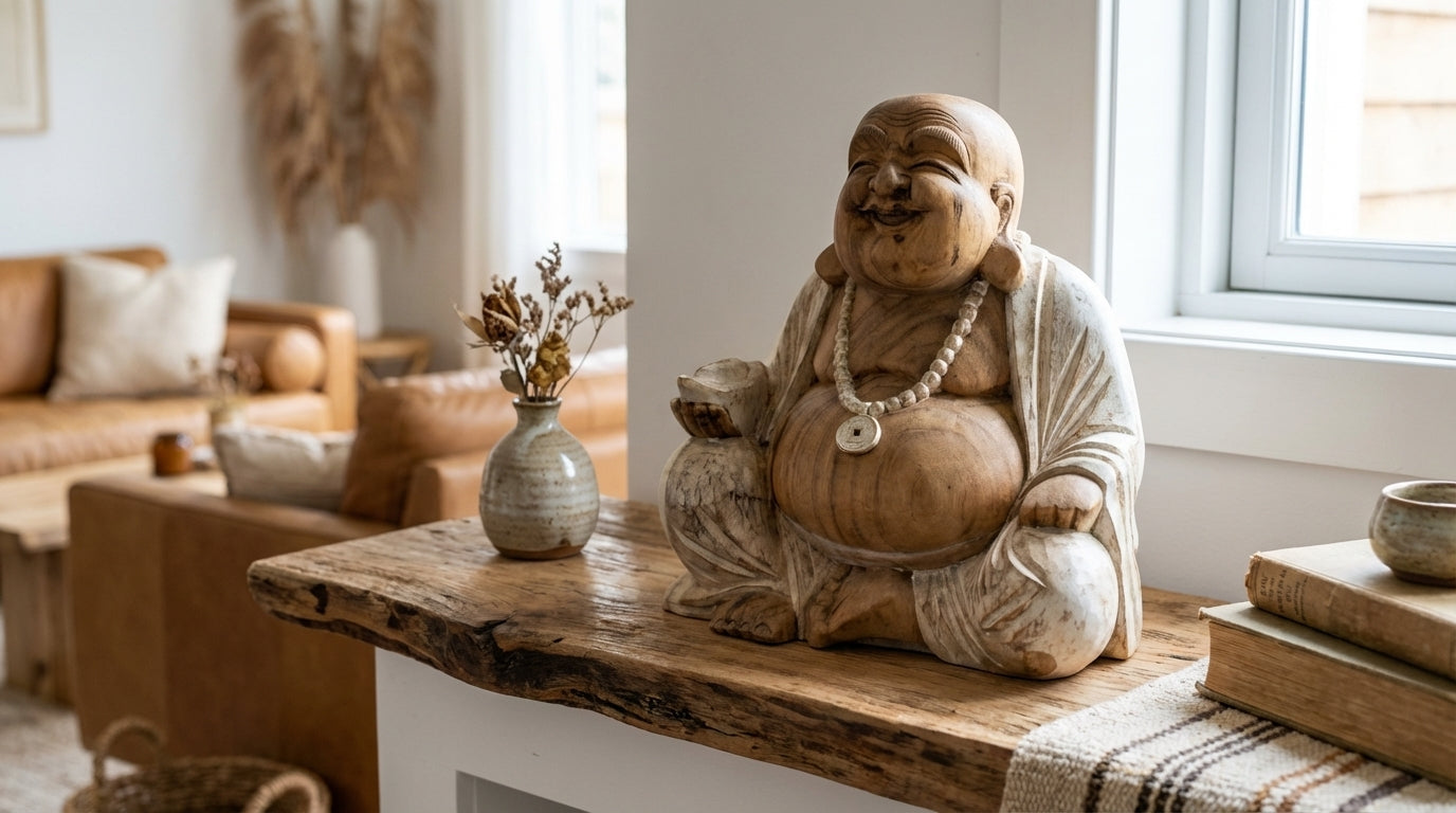 Statue de Bouddha rieur sculptée à la main – 40 cm – Blanchi à la chaux - Karmic Artisan