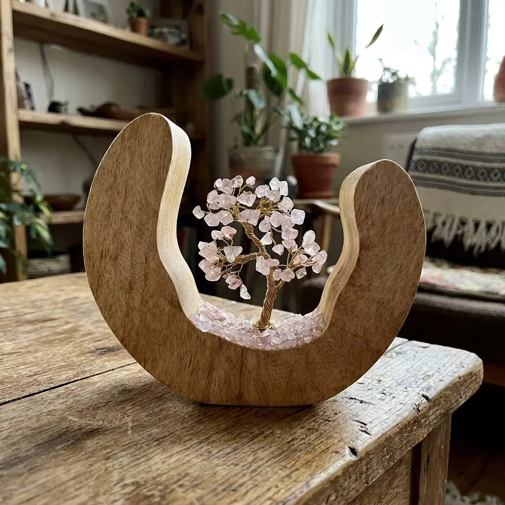 Arbre de vie quartz rose sur anneau ouvert bois de manguier 60 pierres