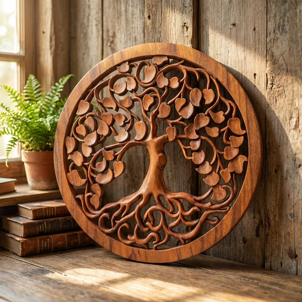 Panneau Mural Arbre de Vie "Amour" en Bois de Suar – 40 cm