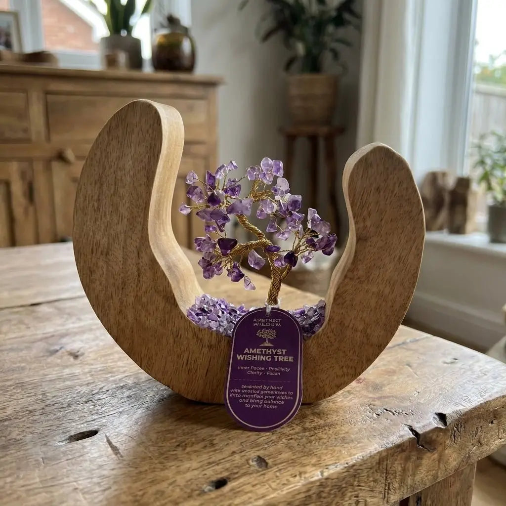 Arbre de vie en améthyste naturelle — 320 g — Bois de manguier et éclats de quartz violet
