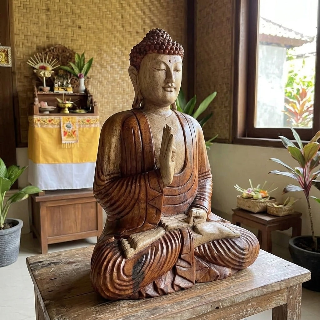 Statua di Buddha intagliata a mano in legno di Suar – 60 cm - Trasmissione di insegnamenti