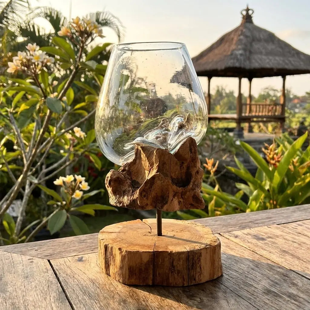 Verre en Fusion sur Bois de Gamal avec Support – Grand Bol - Pièce Unique Artisanale Bali