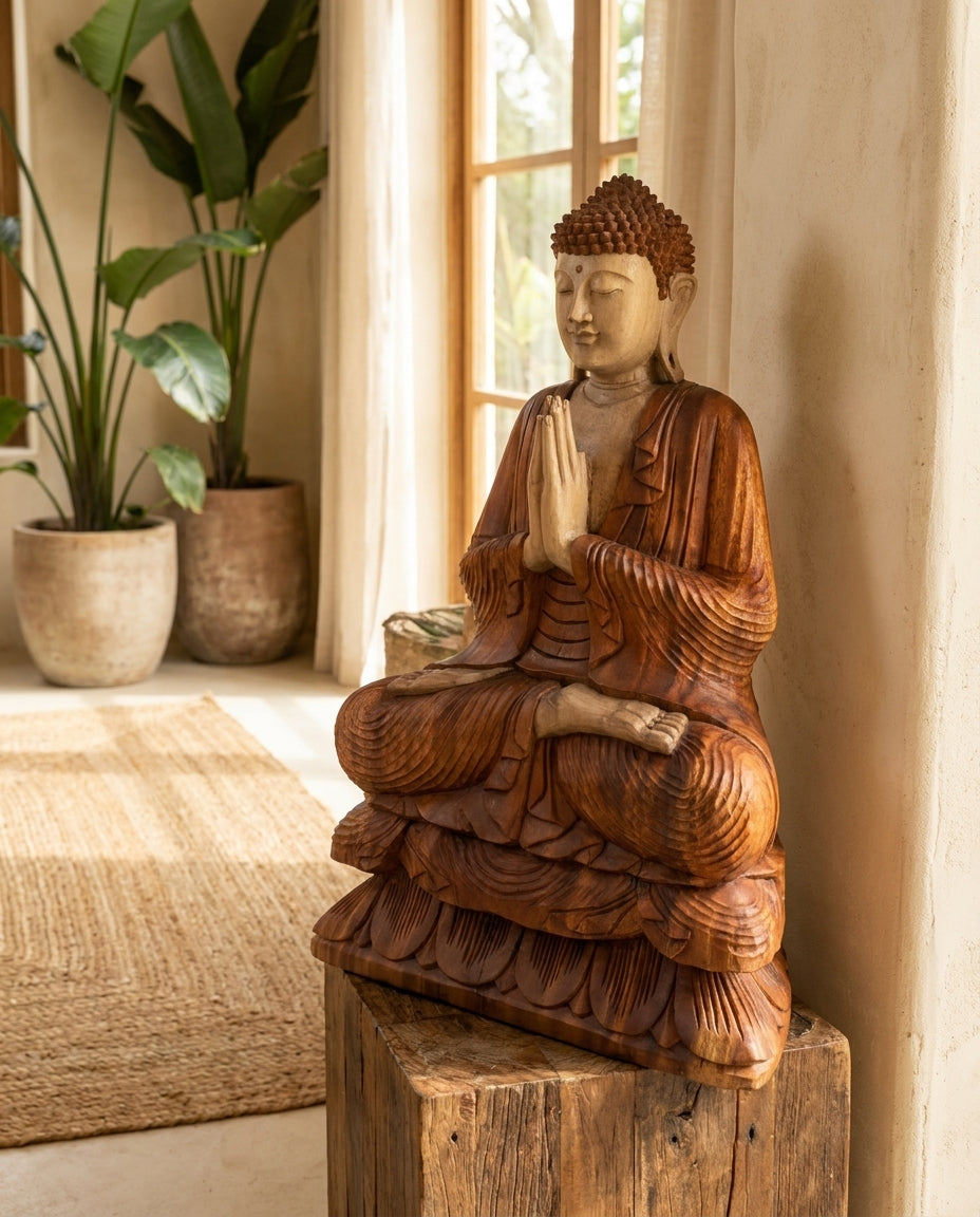 Statue de Bouddha Sculptée à la Main en Bois de Suar – 80 cm (22,5 kg) – Posture de Bienvenue