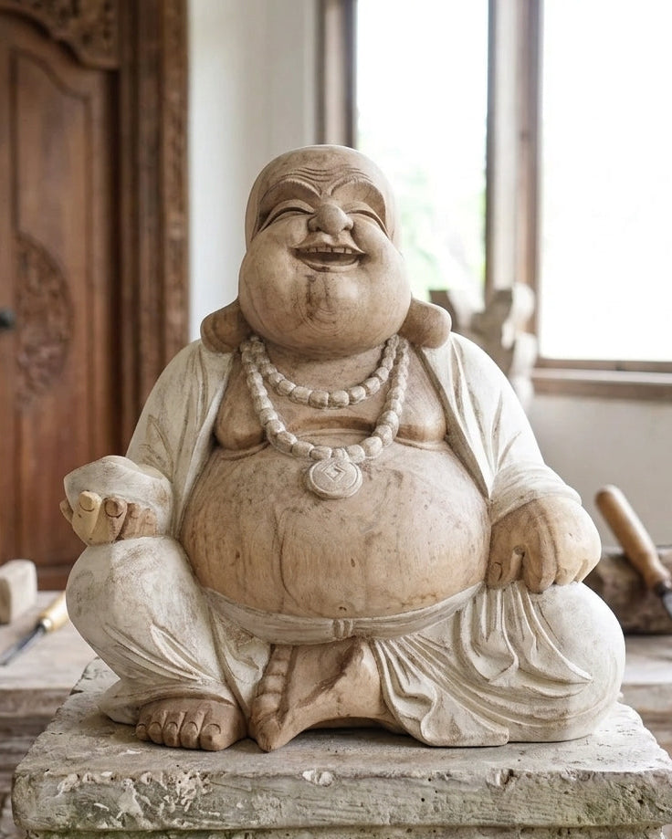 Statua di Buddha che Ride Monumentale in Legno di Suar - 50 cm - Artigianato Balinese - 18kg