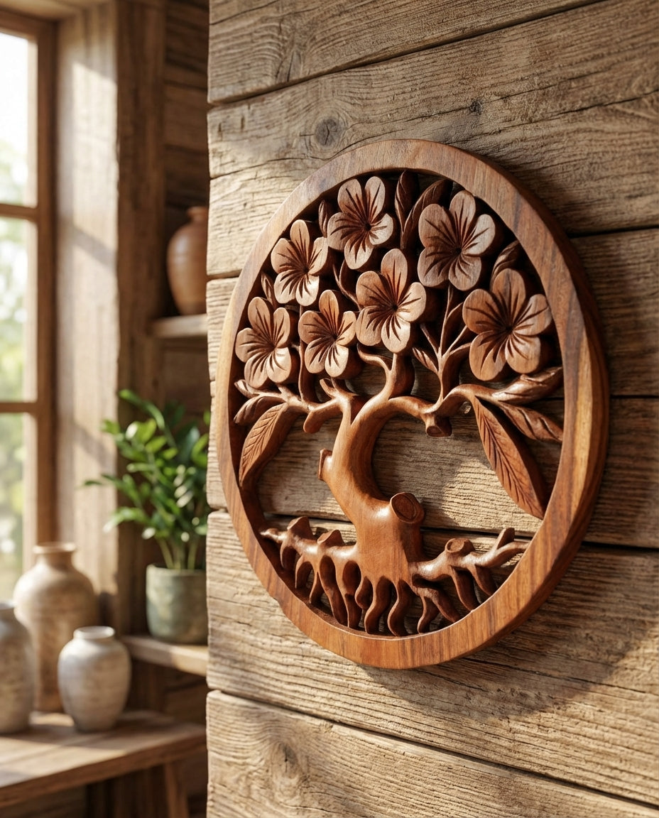 Panneau Mural Arbre de Vie Frangipanier sculpté à la main en Bois de Suar – 40 cm  Karmic Artisan
