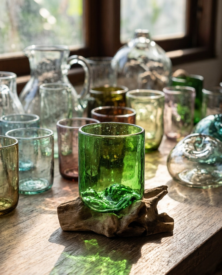 Verre décoratif fabriqué à partir d’une bouteille de bière recyclée fondue sur un socle en bois de Gamal