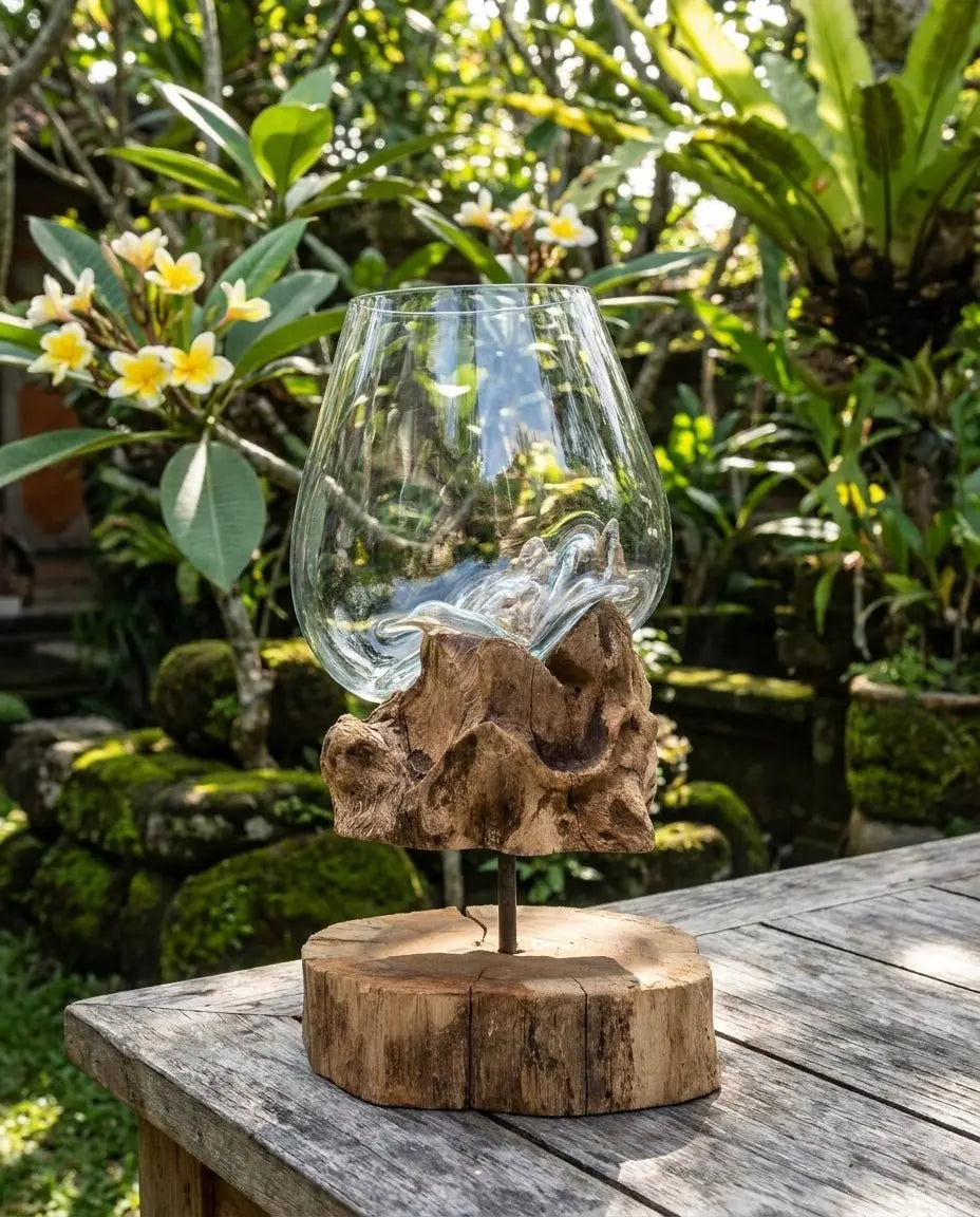 Verre en Fusion sur Bois de Gamal avec Support – Grand Bol - Pièce Unique Artisanale Bali