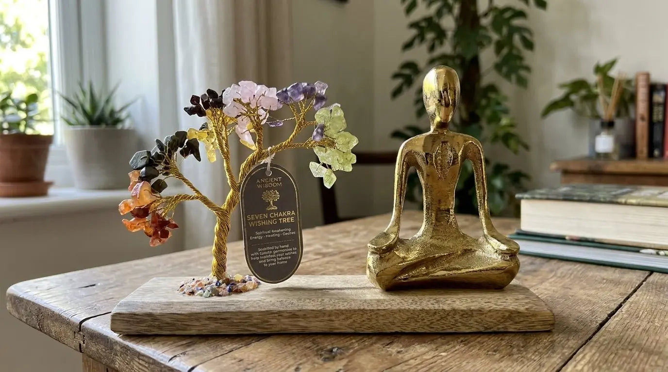 Jardin de yoga en pierres précieuses - Posture Mudra - Sept chakras - Arbre incliné - 100 pierres précieuses