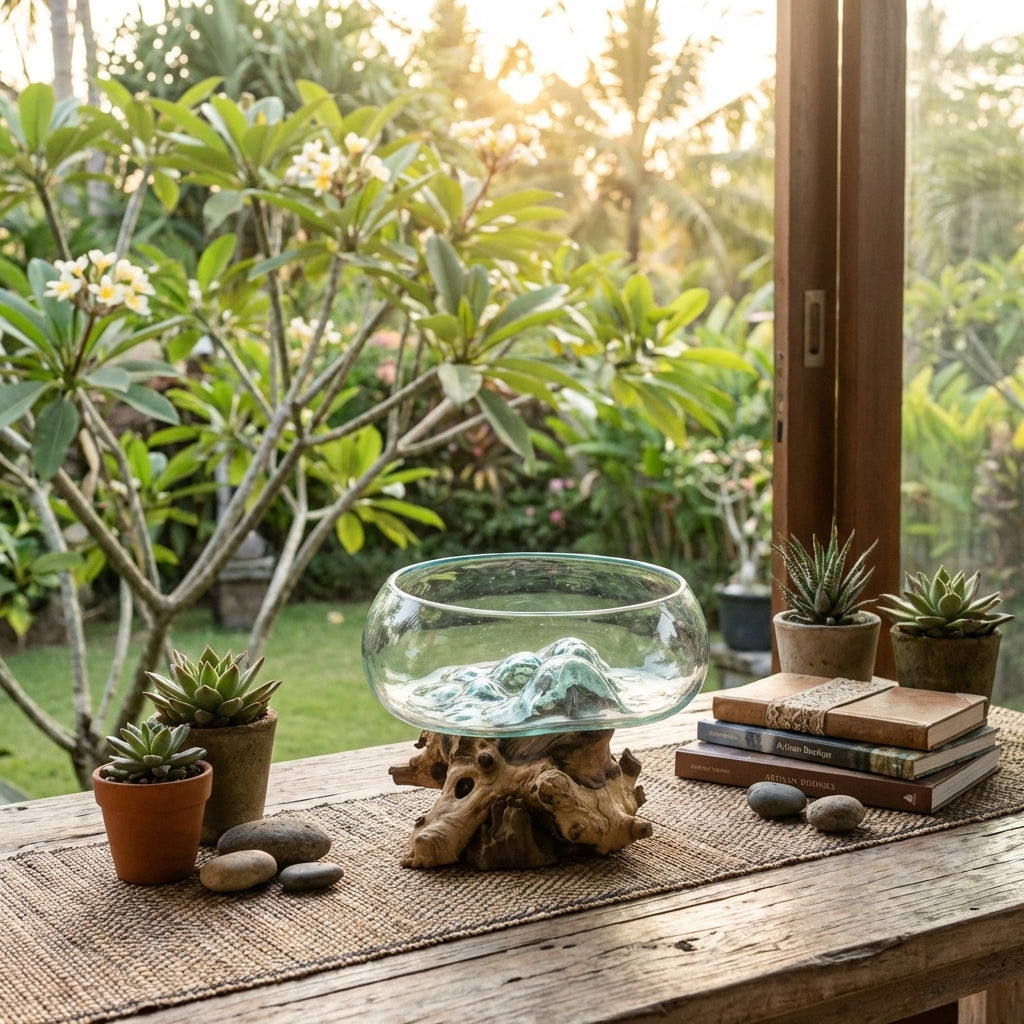 Grand bol en verre fondu sur bois de Gamal – 20 cm – fabrication artisanale balinaise