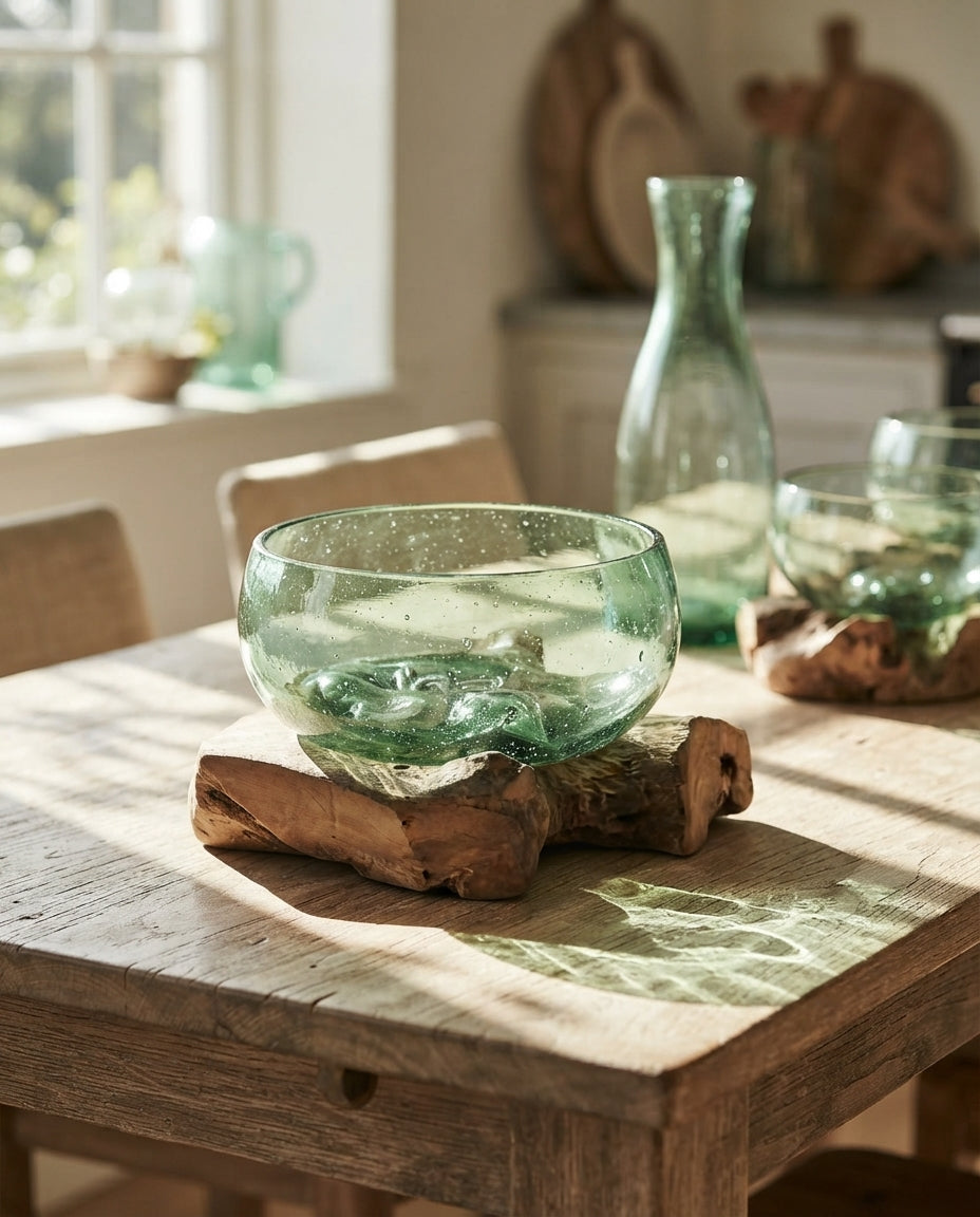 Bol en Verre Recyclé sur Bois – Bouteille de Bière Recyclée – 20 cm