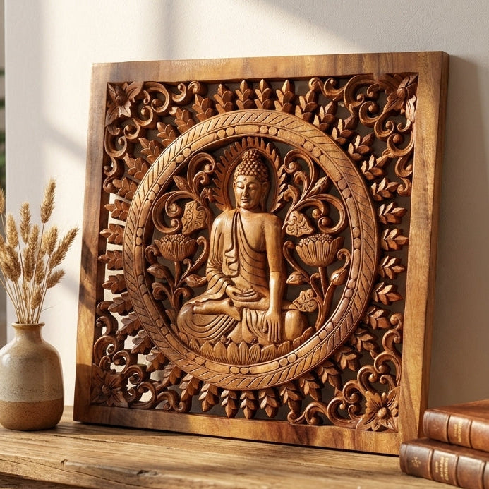 Panneau Décoratif Carré Bouddha en Bois de Suar Sculpté à la Main – 40x40 cm