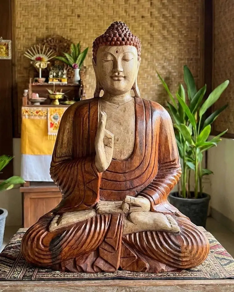 Statue de Bouddha sculptée à la main en bois de Suar – 60 cm - Transmission d'enseignement