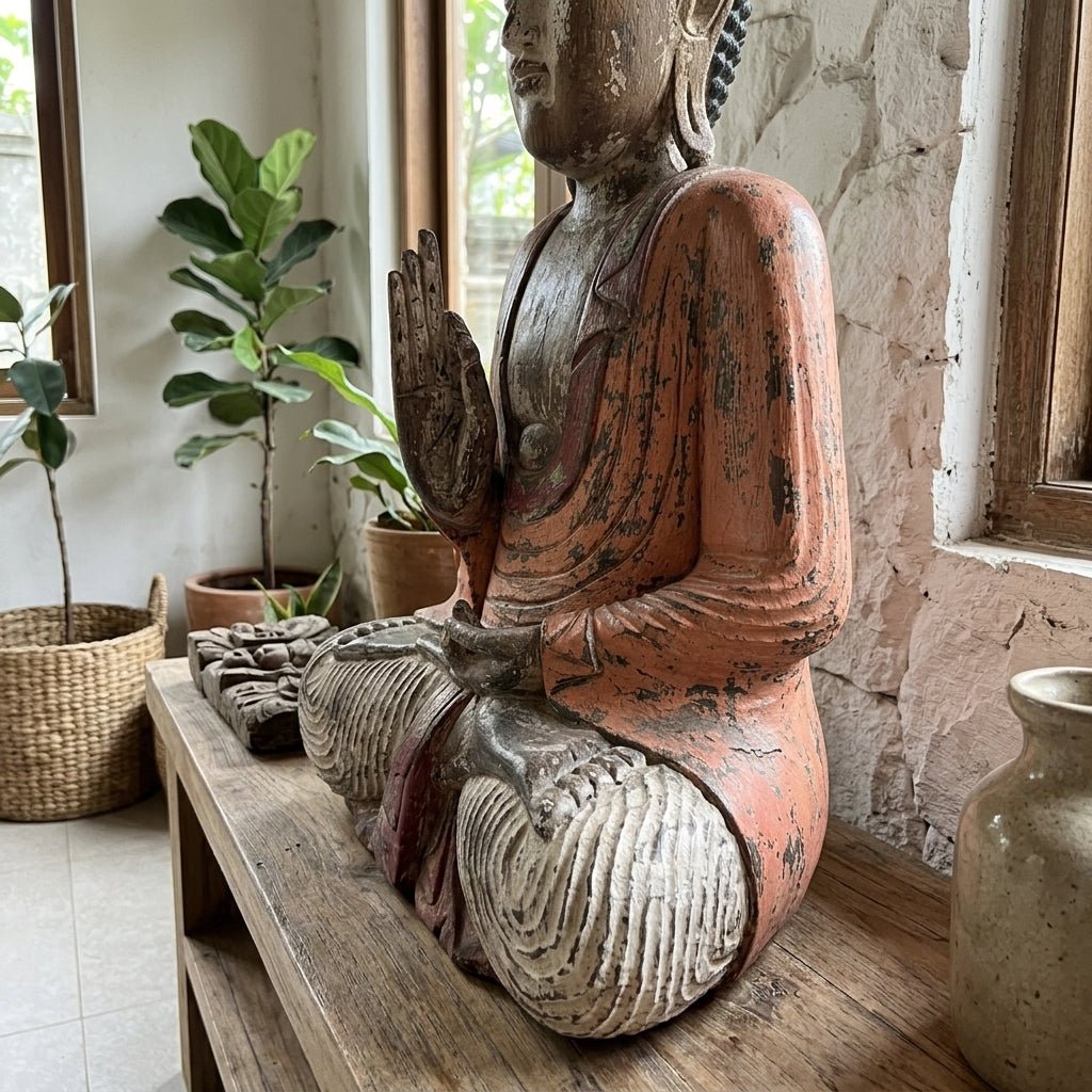 Kézzel faragott, vintage narancssárga Buddha-szobor részletei – 60 cm – Tanítás átadása