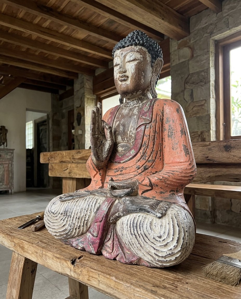 Kézzel faragott vintage narancssárga Buddha-szobor – 60 cm – Tanítás átadása