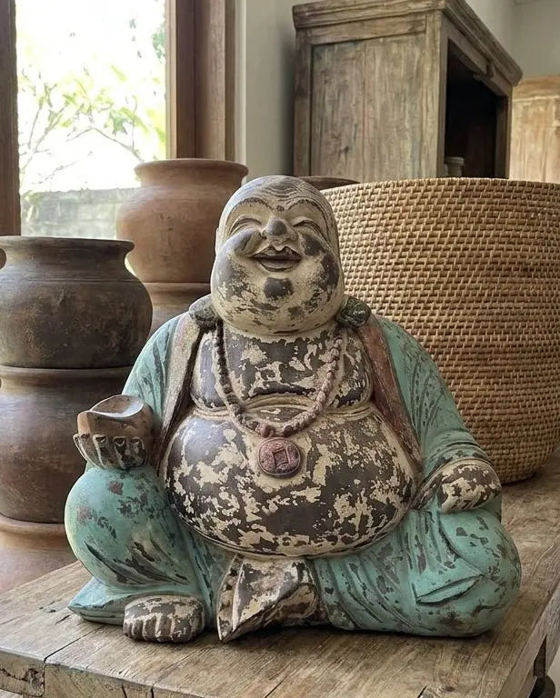 Statue de Bouddha Rieur vintage en Bois de Suar Massif – Sculpture Artisanale (40 cm, 5 kg)