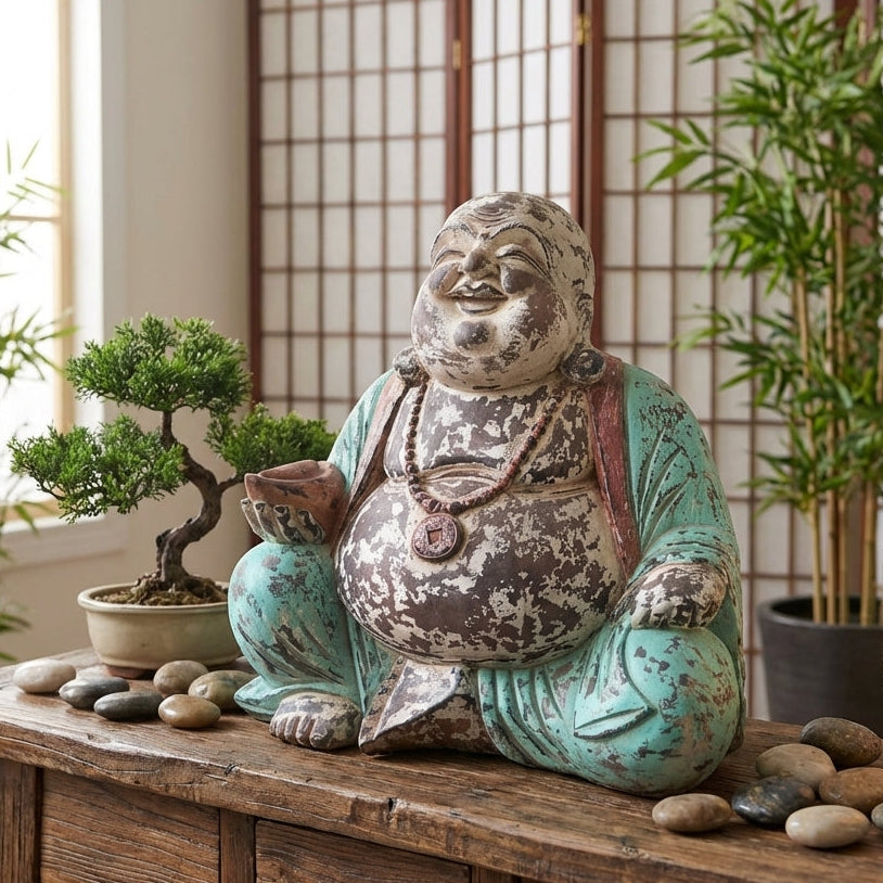 Statue de Bouddha Rieur vintage en Bois de Suar Massif – Sculpture Artisanale (40 cm, 5 kg)