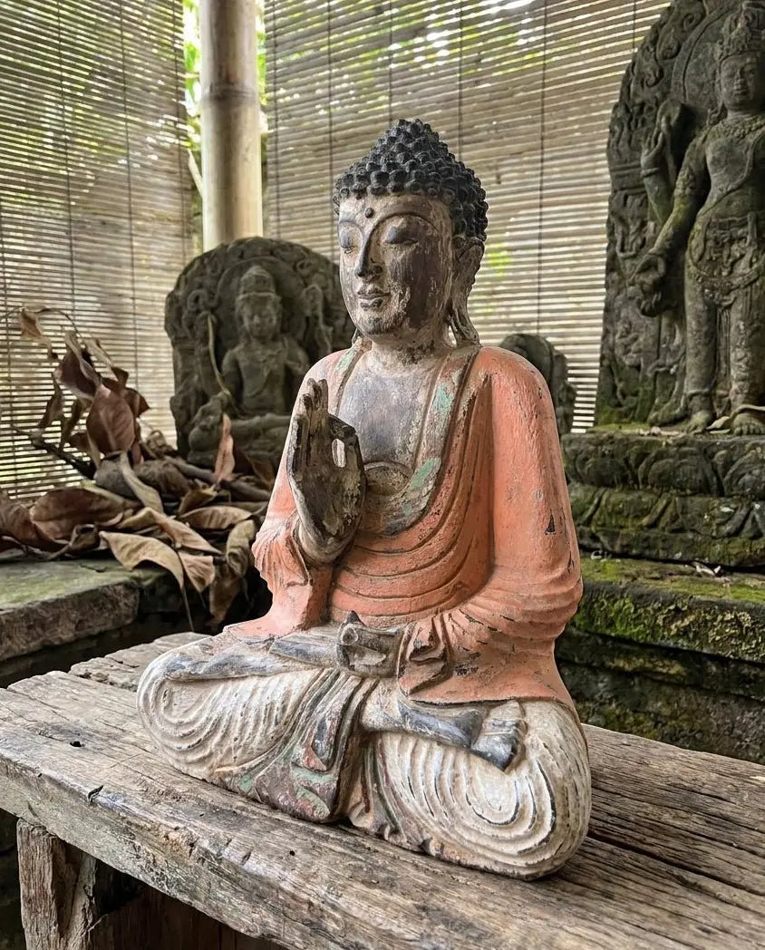 Statue de Bouddha Vintage Orange 40 cm – Sculpture Artisanale Bois de Suar (Transmission d’Enseignement)