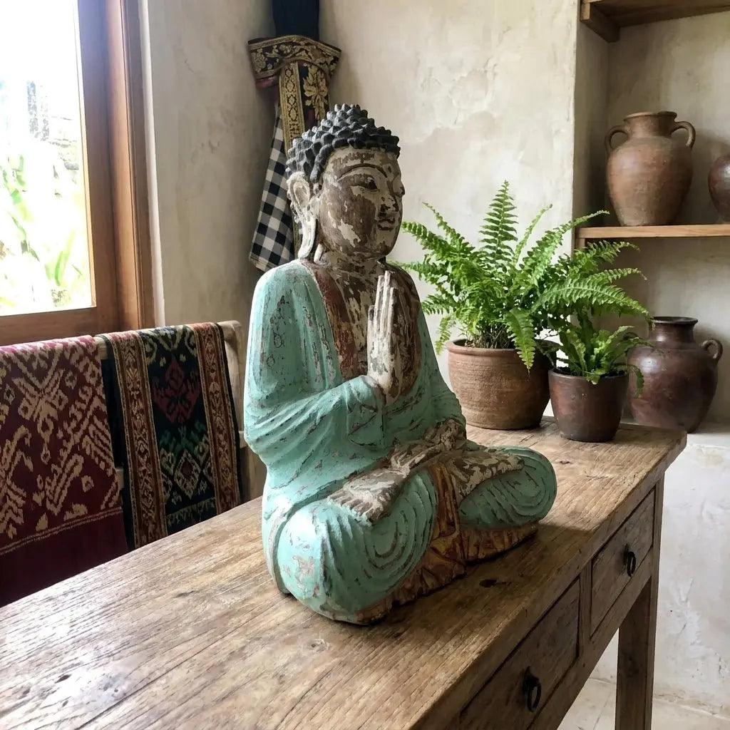 Statue Bouddha Vitarka Mudra Vintage Turquoise 30 cm – Bois de Suar Bali AWGifts Dropship