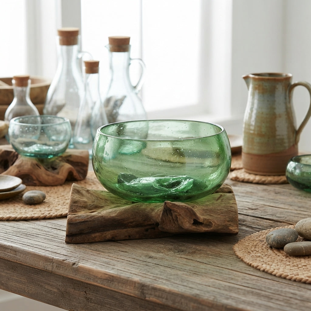Bol en Verre Recyclé sur Bois – Bouteille de Bière Recyclée – 20 cm