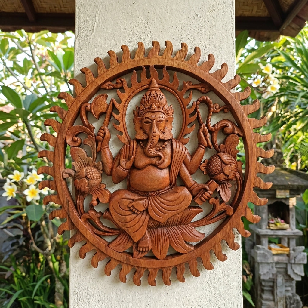 Panneau Mural Ganesha Sculpté à la Main en Bois de Suar - 40 cm - Karmic Artisan