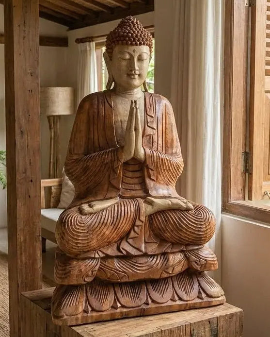 Statue de Bouddha Sculptée à la Main en Bois de Suar – 80 cm (22,5 kg) – Posture de Bienvenue