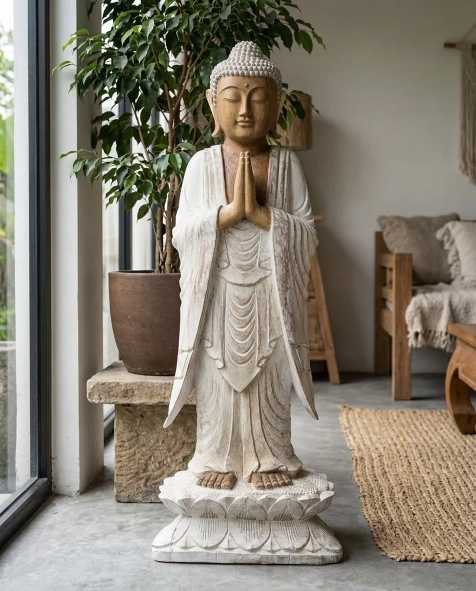 Grande statua di Buddha – 100 cm – in legno di Suar massiccio scolpito a mano
