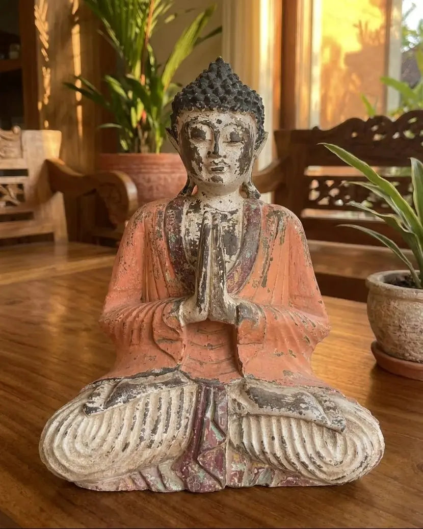 Statue de Bouddha sculptée à la main vintage orange – 30 cm – Bouddha Namasté AWGifts Dropship