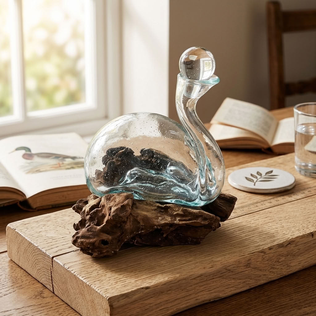 Caraffa a forma di anatra decorativa in vetro soffiato su legno – 19 cm