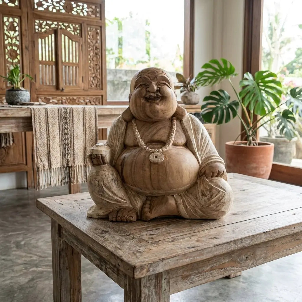 Statue Bouddha Rieur 40 cm en Bois de Suar – Finition Blanchie à la Chaux (Artisanat Bali)