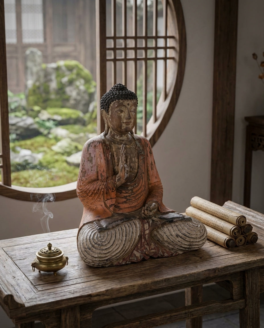 Statue de Bouddha vintage orange sculptée à la main – 60 cm – Transmission d’enseignement