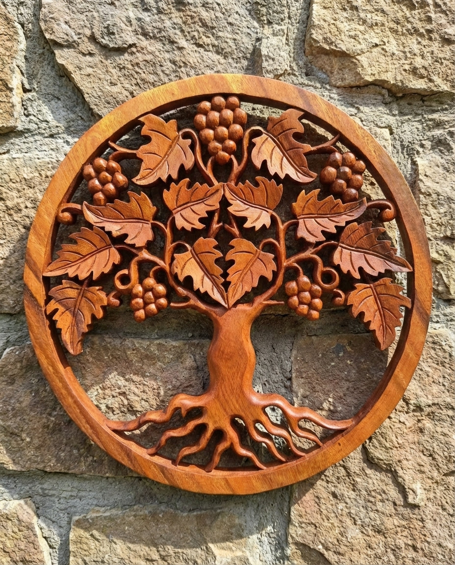 Panneau Mural Arbre de Vie "Raisins" en Bois de Suar – 40 cm