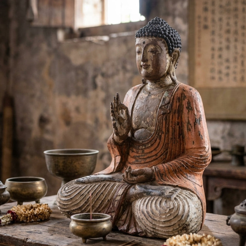 Statue de Bouddha vintage orange sculptée à la main – 60 cm – Transmission d’enseignement