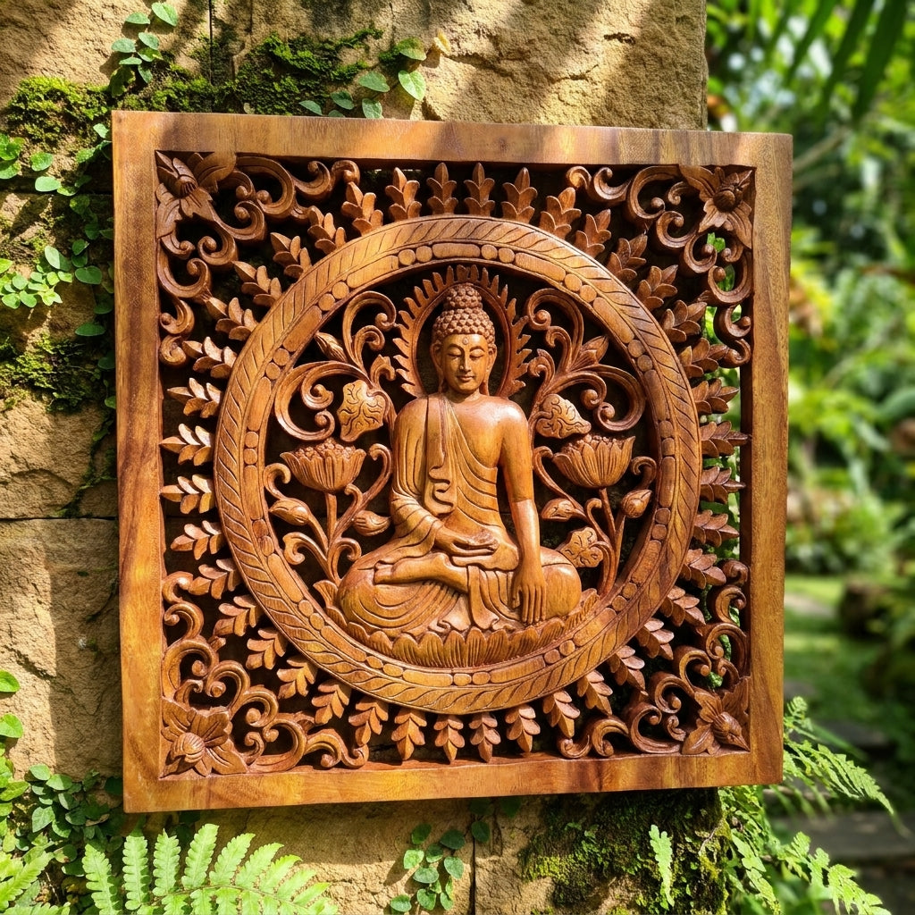 Panneau Décoratif Carré Bouddha en Bois de Suar Sculpté à la Main – 40x40 cm