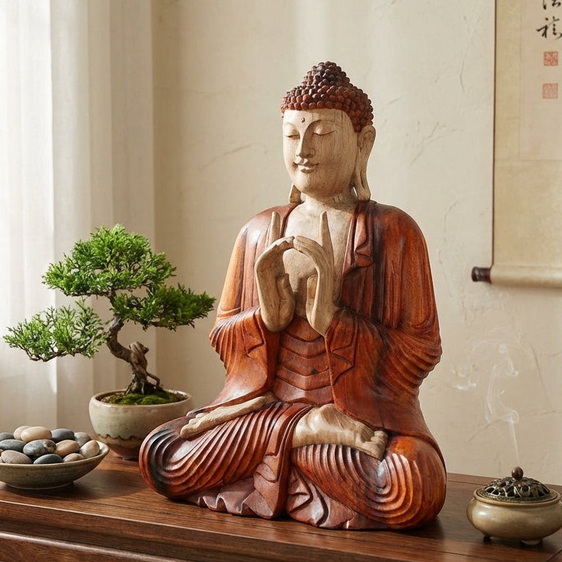 Statue de Bouddha en bois de Suar – 60 cm – Deux mains