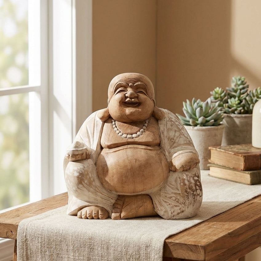 Statue Bouddha Rieur Assis en Bois de Suar - 30 cm - Finition Blanchie