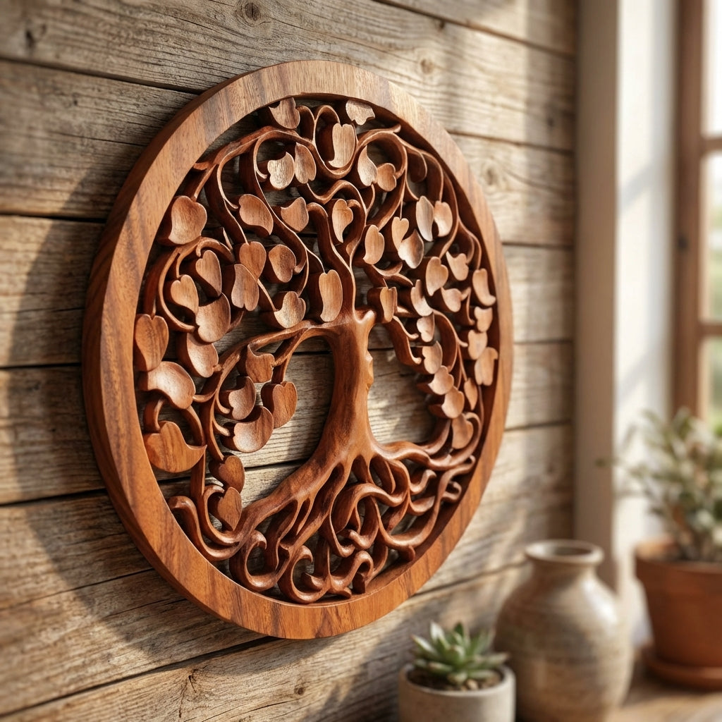 Panneau Mural Arbre de Vie "Amour" en Bois de Suar – 40 cm