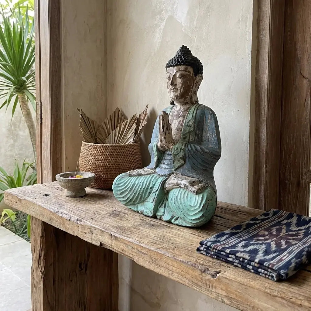 Statue de Bouddha Vintage Bleu Menthe 40 cm – Sculpture Artisanale Bois de Suar (Bali)