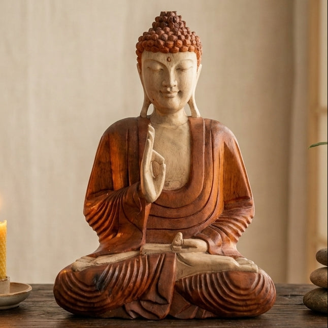 Statue de Bouddha Sculptée à la Main en bois de suar – 40 cm | Mudra Transmission d’Enseignement