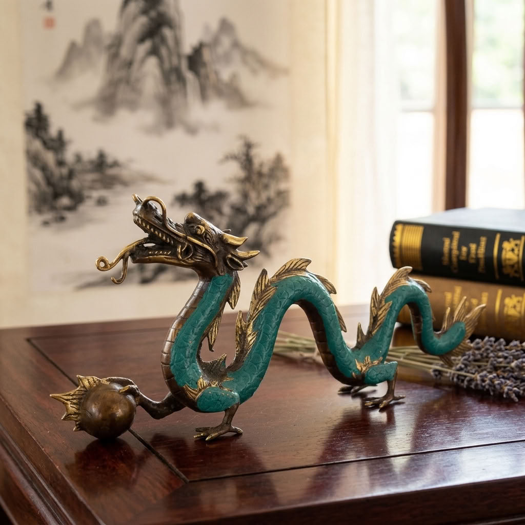 Dragon chinois en laiton fait main – Sculpture Feng Shui 20 cm