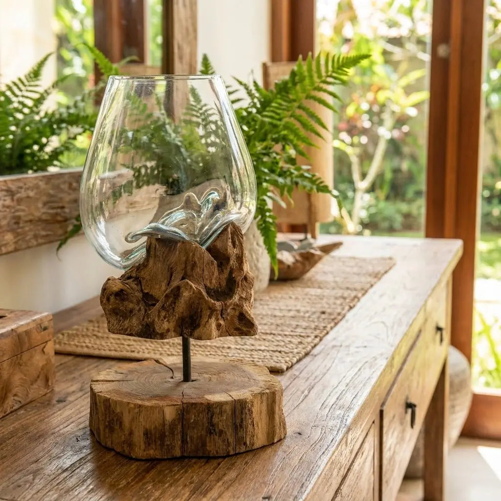 Verre en Fusion sur Bois de Gamal avec Support – Grand Bol - Pièce Unique Artisanale Bali