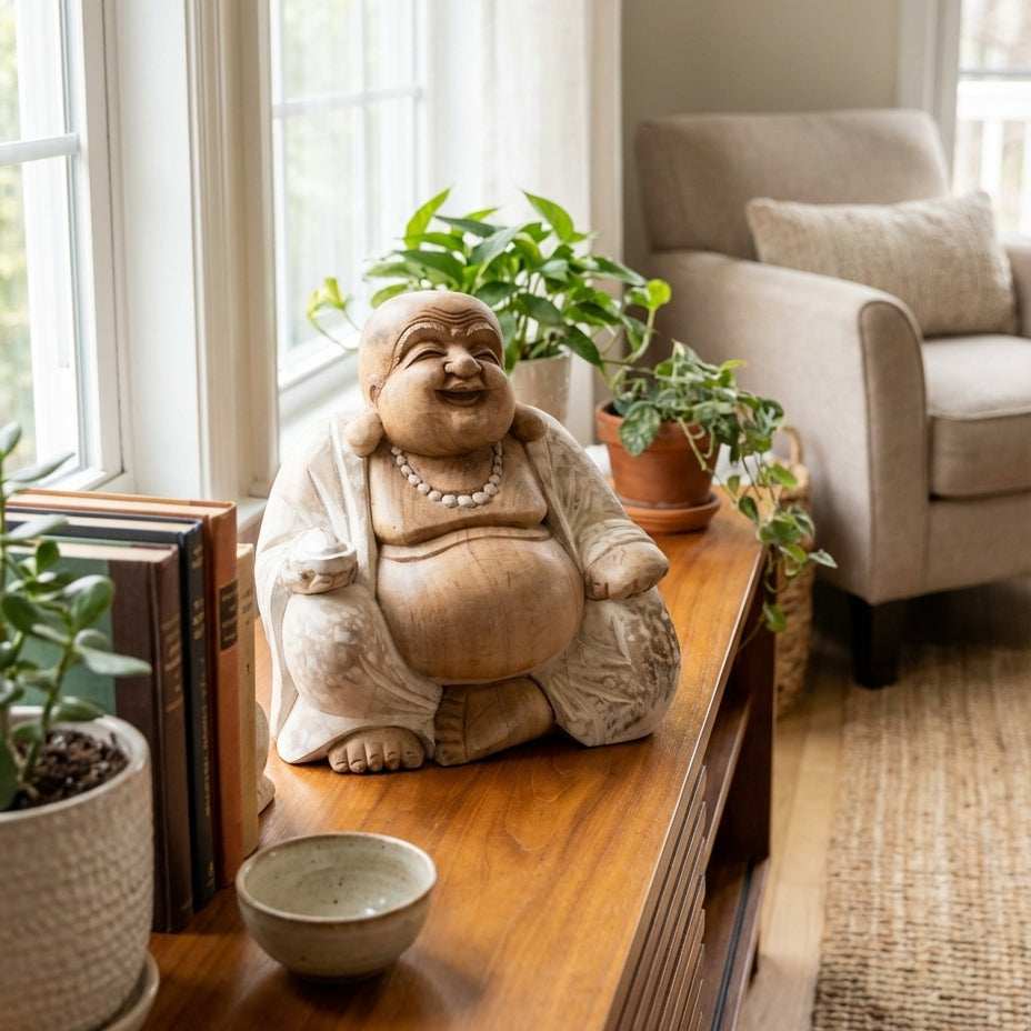 Statue Bouddha Rieur Assis en Bois de Suar - 30 cm - Finition Blanchie