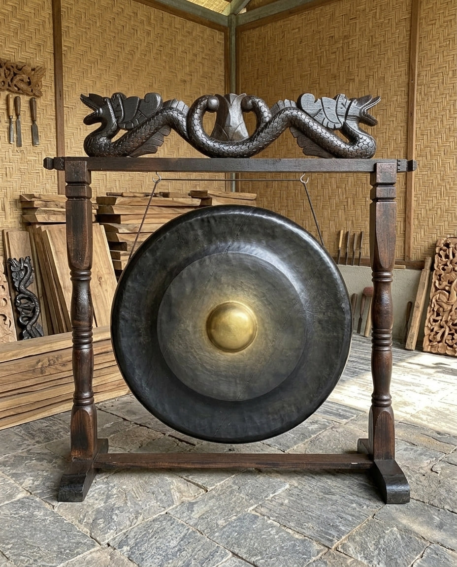 Grand Gong Balinais sur Support Sculpté – Gong Ø 80 cm – Hauteur totale 130 cm