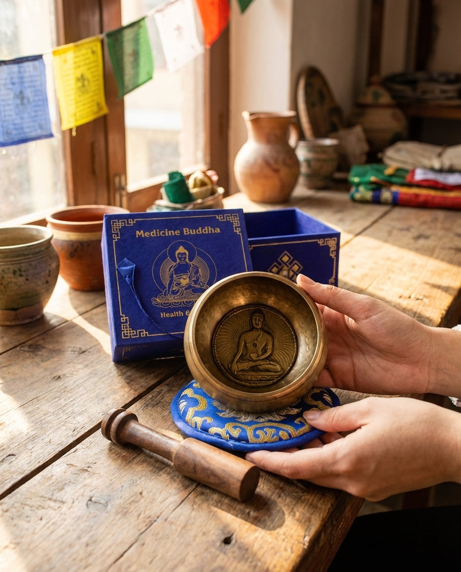Coffret cadeau bol chantant Bouddha de la Médecine en laiton avec maillet et coussin pour méditation et sonothérapie - Karmic Artisan.