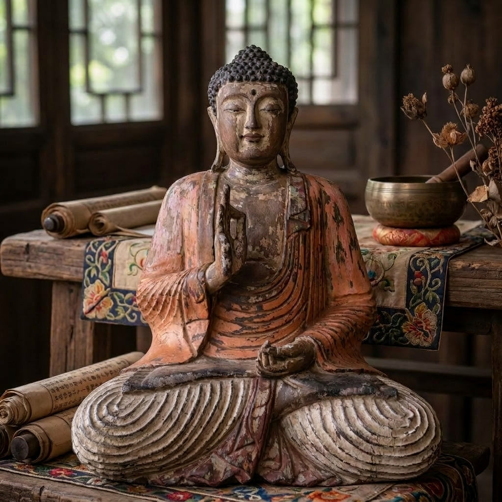 Statue de Bouddha vintage orange sculptée à la main – 60 cm – Transmission d’enseignement